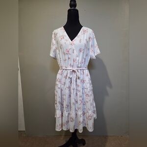 No Boundaries White and Pink Floral Midi Dress
